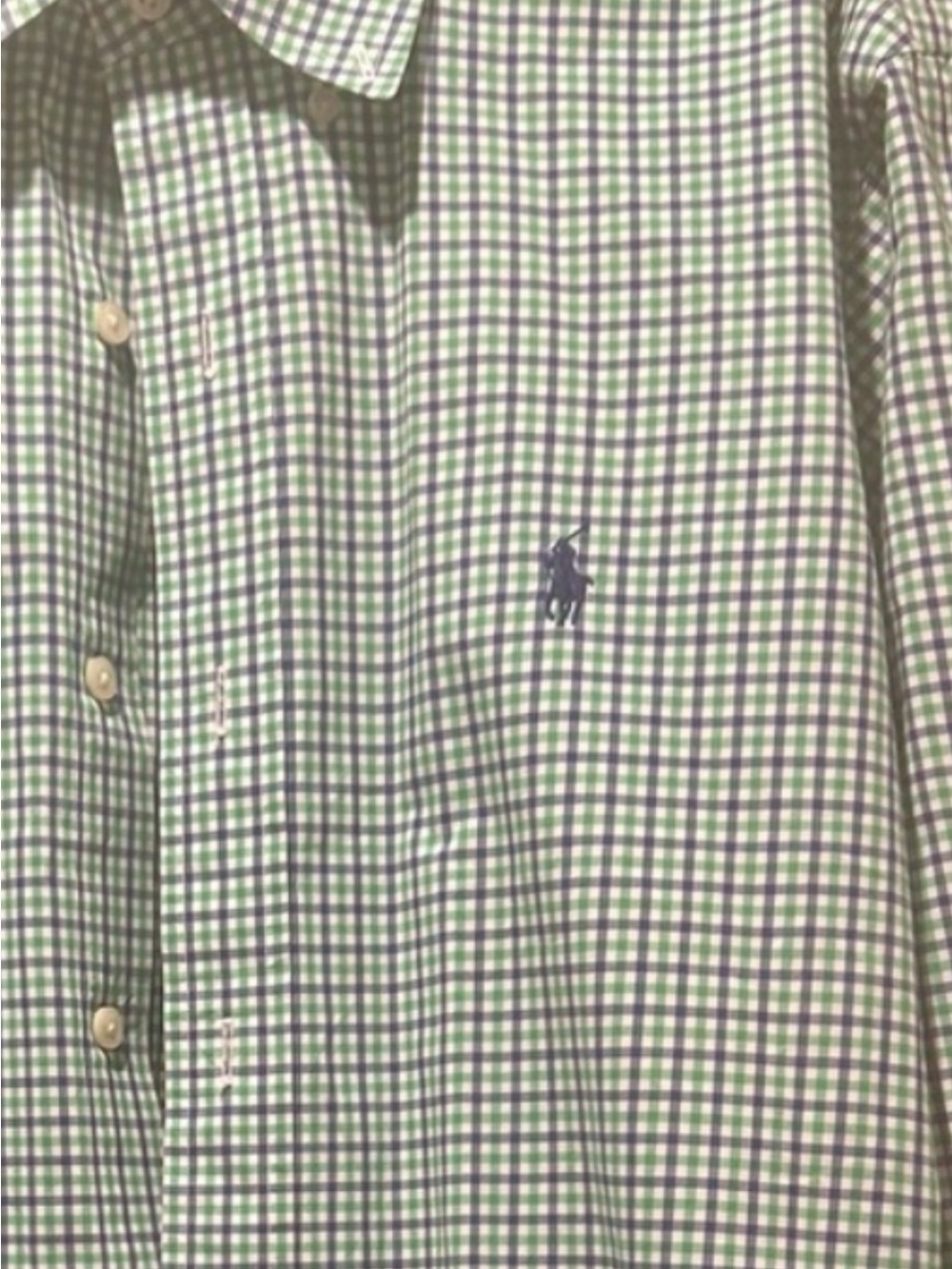 Ralph Lauren Green & White Check Button-Down Shirt with Navy Polo Logo